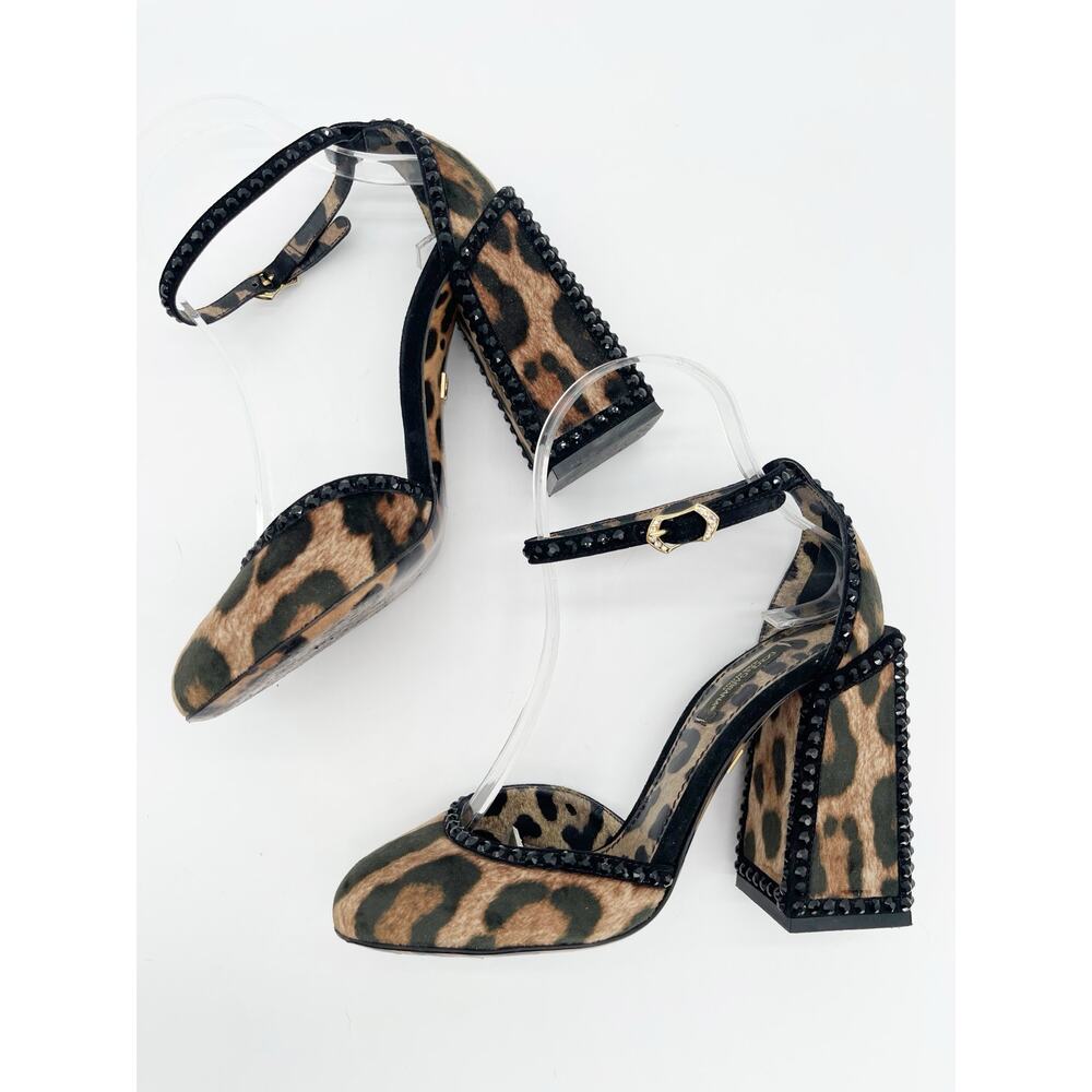 Dolce Gabbana Leopard Velvet Crystal Studded Block Heel Ankle Strap Pumps IT 36 - Picture 4 of 11